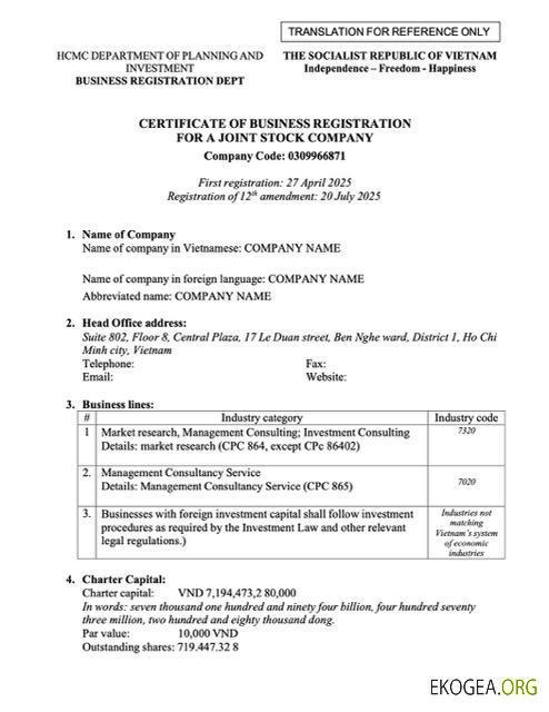 Modèle Word et PDF de certificat d'enregistrement d'entreprise au Vietnam